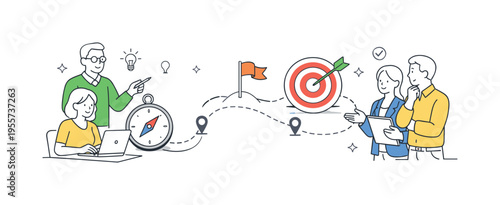 A business group collaborating on strategic planning and tracking progress toward key objectives, organizing tasks and timelines in a clear and actionable way, represented by a