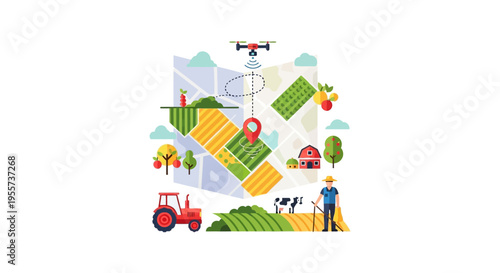 Precision Agriculture Concept: Smart Farming Map with Drone Surveillance, GPS Location, Farmer, and Tractor Illustration