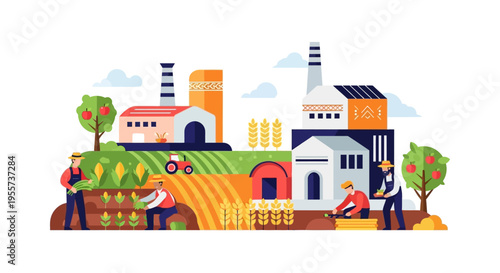 Modern Agribusiness Illustration: Farmers Harvesting Crops, Food Production Chain, and Factory Landscape in Flat Design