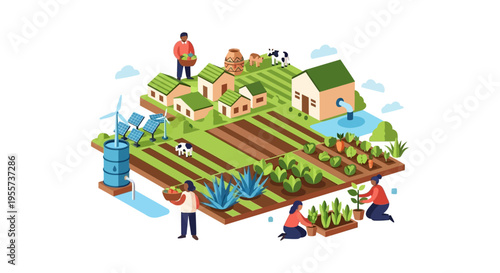 Sustainable Farming Community Isometric Illustration with Renewable Energy and Organic Crops