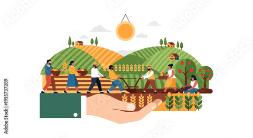 Sustainable Farming Community Working Together on Rural Hills Supported by a Giant Hand | Agriculture Concept Vector.