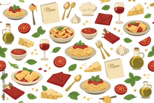 Italian pasta menu seamless pattern for cafe and restaurant design featuring pasta plate, spaghetti swirl, penne bowl, ravioli portion, tomato sauce, basil leaf, parmesan cheese,