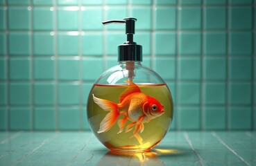 Orange goldfish swims inside clear soap dispenser filled with yellow liquid. Unusual still life photo on teal tiled background. Concept for creativity or bath hygiene.