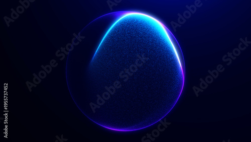 Deep blue abstract energy sphere with soft glowing arc, subtle particle texture and futuristic minimal light form on dark background in high resolution 4K.