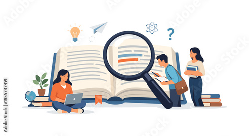 Education and structured knowledge exploration represented through a reference book scene, a large open book with a magnifying glass positioned above the pages indicating focused