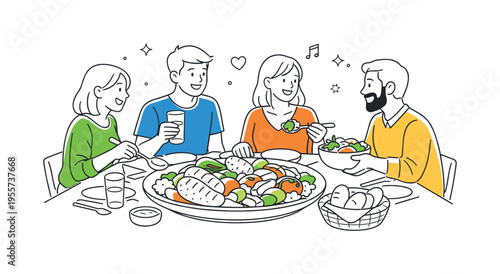 Social dining and food sharing concept where a small group gathers around a table to enjoy a prepared meal and celebrate time together, a large plate of food and a dining table