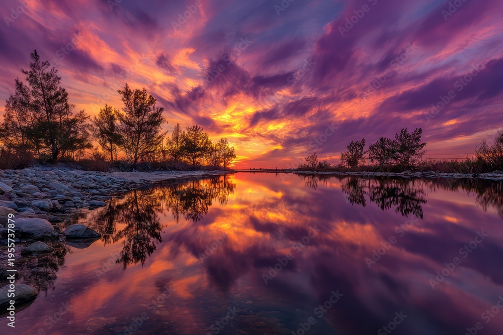 Fototapeta premium Vibrant purple sunset reflecting on still water