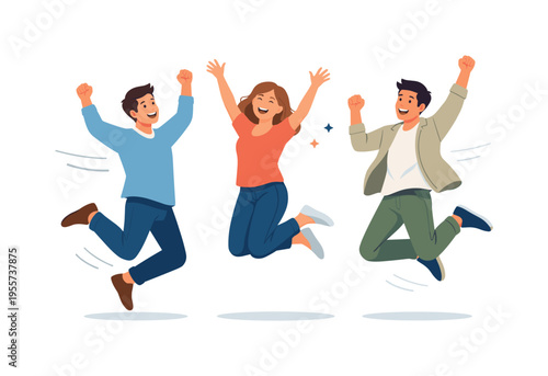 A joyful lifestyle moment where people celebrate success or good news with energetic movement and enthusiasm, represented with three individuals jumping with raised arms beside