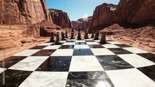 Giant Chess Board Game Set Up In A Vast Desert Canyon Under A Clear Blue Sky With Sunlight