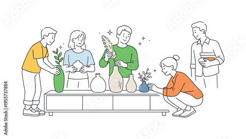 Home decor and interior styling concept showing people arranging simple decorative objects to enhance a modern living space, using a group of minimal vases and subtle plant stems