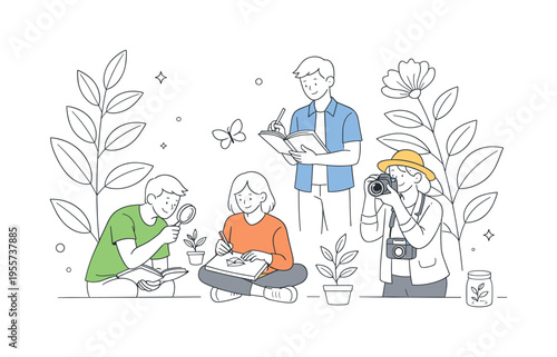 Botanical illustration and natural study concept showing people observing and documenting plant forms with precision and simplicity, using clean line drawings of leaves and stems