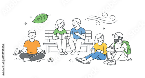 A small group enjoying quiet time outdoors in a park-like environment, disconnecting from technology and focusing on well-being and fresh air, represented by a clear visual