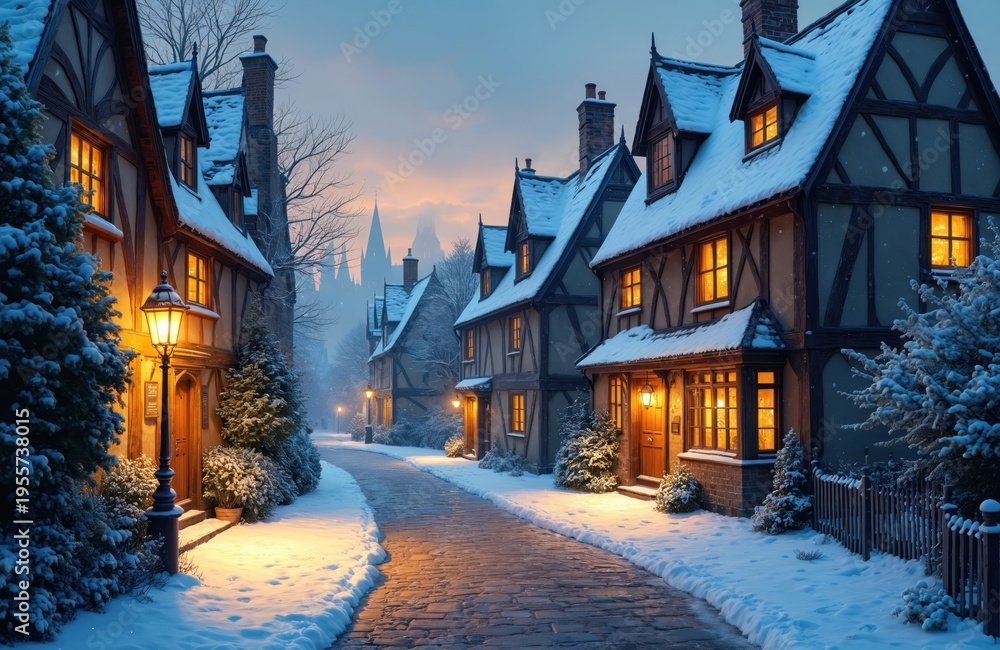 Obraz premium Snowy medieval town street at twilight with lit windows and gas lamps. Traditional English architecture, cobblestone path, festive winter scene.