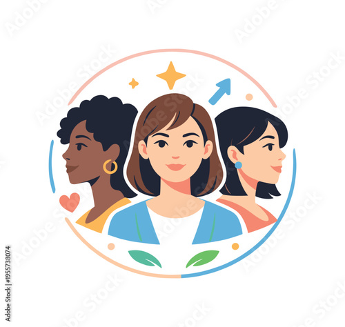 Personal growth and self-confidence development in everyday life and career journeys highlighting individuality and authentic identity expression, three stylized women faces in