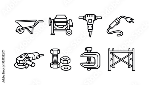 Construction equipment tools: wheelbarrow, cement mixer machine, jackhammer drill, welding torch, angle grinder, bolt and nut set, steel beam clamp, scaffold frame
