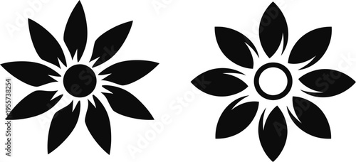 Elegant floral silhouette icons featuring simple flower shapes with clean petals and circular centers. Minimal black design isolated on white background, ideal for logos, decorations, beauty brands, n