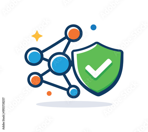 Secure and ethical AI technology designed to protect users and support trustworthy digital interactions, a neural network node icon paired with a shield and small checkmark