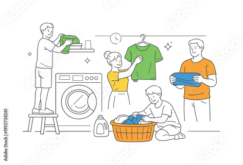 A group of people managing everyday laundry tasks in a modern home setting, organizing clothes and maintaining routine household chores in a simple and efficient way, symbolized by