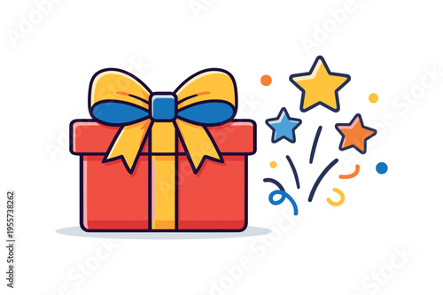 Festive gift giving and celebration traditions focused on thoughtful presents and shared joyful moments, a decorative gift box with a large ribbon bow beside small confetti stars