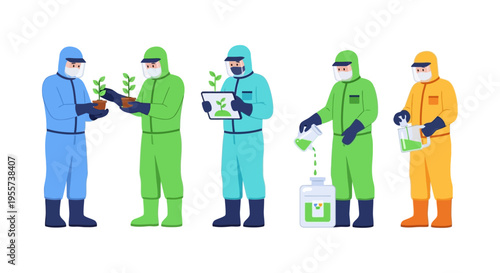 Biotechnology and Agricultural Research Team in Hazmat Suits. Scientists working with plants, chemicals, and data for genetic science.