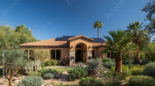 Luxury Mediterranean style villa with terracotta roof and palm trees in desert oasis setting