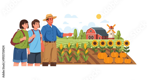 Farmer Guiding Students on an Agricultural Field Trip: Learning About Corn, Pumpkins, and Sunflowers on a Rural Farm