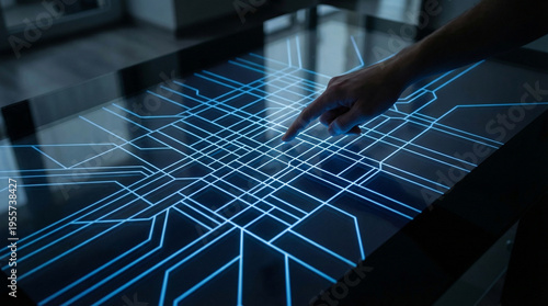 Smart city efficient surveillance interface futuristic human hand touch screen digital grid technology glowing