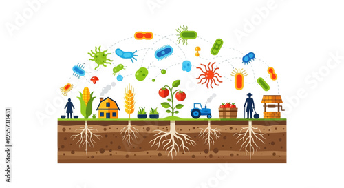 Soil Microbiome Ecology: Microorganisms, Bacteria, and Fungi interacting with Crop Roots, Farm, and Agricultural Ecosystem Health Infographic