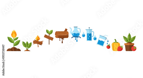 Vector Icons of Natural Resources and Ecosystem Cycle: Growth, Wood, Water, Energy, and Sustainable Agriculture Concept