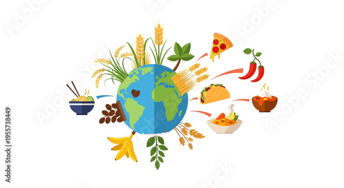 World Food Supply Chain: Globe Surrounded by Agriculture, Crops, and International Dishes (Pizza, Ramen, Tacos).