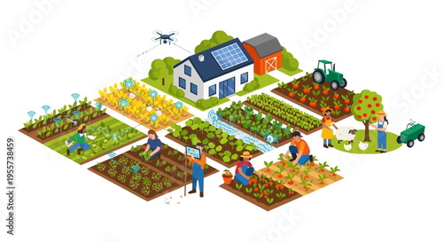 Smart Farming Isometric Illustration: Precision Agriculture, IoT Technology, and Sustainable Modern Farm Management.