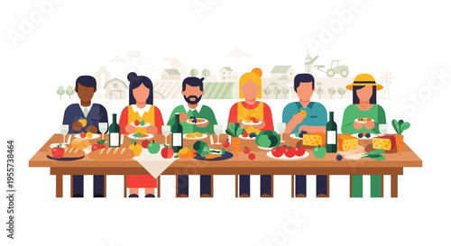 Farm-to-Table Dinner Illustration: Diverse Group Sharing a Meal of Fresh Organic Produce, Cheese, and Wine in a Rural Agricultural Setting.