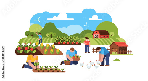 Flat Vector Illustration of Farmers Working and Harvesting Crops on a Sustainable Organic Farm with Barn, Fields, and Chickens.