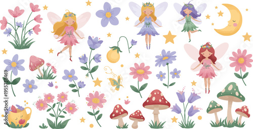Whimsical illustration of fairies flowers mushrooms and celestial elements in a dreamy garden scene with magical creatures