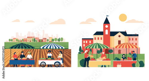 Local Farmers Market Scenes: Selling Fresh Produce in Rural Farmland and Urban Town Square. Vector Illustration.