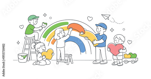 Children-friendly illustration and cheerful visual elements concept illustrating people creating soft and simple rainbow graphics for educational or playful use, using a rainbow