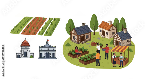 Medieval Village Life Illustration. Historical Settlement Diagram showing Farming, Feudal Economy, Trade, Houses, Castle, and Church.