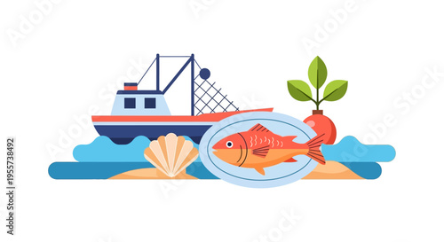Seafood Harvest Concept: Fishing Boat, Fresh Catch Fish on Plate, and Shell in Flat Graphic Style Vector Illustration