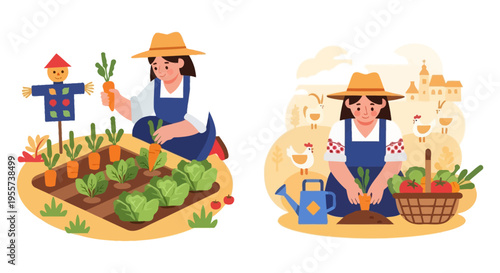 Organic Farming and Harvesting Vector Illustration. Happy Woman Gardener Working with Fresh Vegetables, Carrots, and Produce.