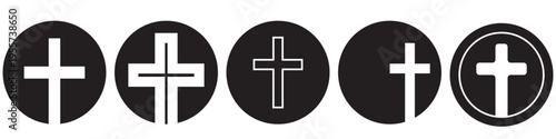 Christian cross icon set. Minimalist black circles with white religious cross symbols isolated on white background. Spiritual and church cross graphic design elements. Vector illustration.