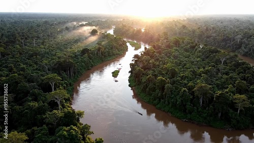 Serene Amazon River Winding Through Lush Green Rainforest At Golden Hour With Misty Haze