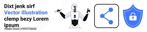 Robotics, cybersecurity, data protection, network connectivity, artificial intelligence, digital security. A humanoid robot, a share icon and a shield with a lock symbol. Robotics and cybersecurity