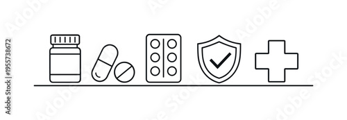 Pharmaceutical medicine and healthcare treatment tools supporting patient recovery and responsible medication administration, pill bottle, capsule pill, blister pack, shield