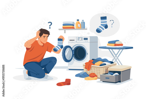 A daily life scenario where a person searches for a missing sock after doing laundry, reflecting small household frustrations and the search for order in routine activities, a