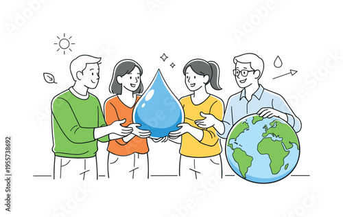 Team discussion about responsible water management in a workplace sustainability initiative where colleagues collaboratively hold and examine a large floating water drop beside a
