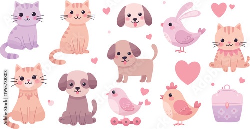Cute animals with hearts including cats dogs bunnies and chicks in pastel colors on white background