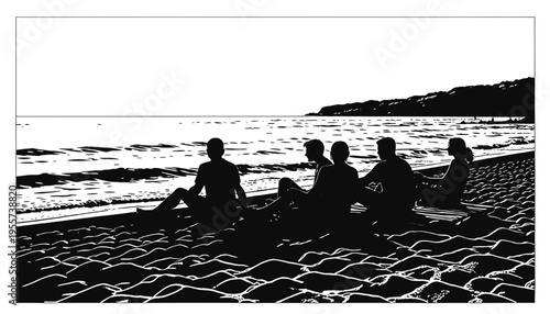 group of people sitting on beach silhouette with ocean waves shoreline texture distant coastline and relaxed poses bold black vector for cricut vinyl cutting laser engraving stencil coastal travel