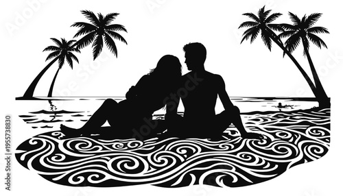 romantic couple sitting on beach silhouette with palm trees ocean waves and tropical sunset mood ideal for svg cricut vinyl cutting and coastal design