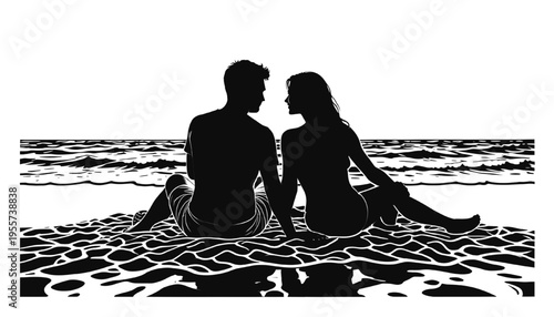 romantic couple sitting on beach silhouette facing ocean waves peaceful seaside moment ideal for svg cricut vinyl cutting and coastal design