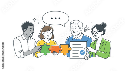 A diverse group of professionals collaborating on a shared project in a modern workplace environment, using a clear visual metaphor of interlocking puzzle pieces, a speech bubble